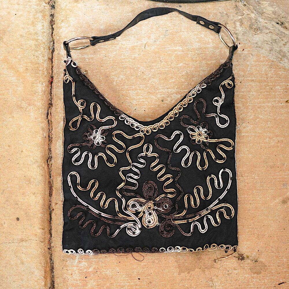 Vintage 90s Objects D’Art Beaded Shoulder Bag Black Embroidered Swirl Handbag